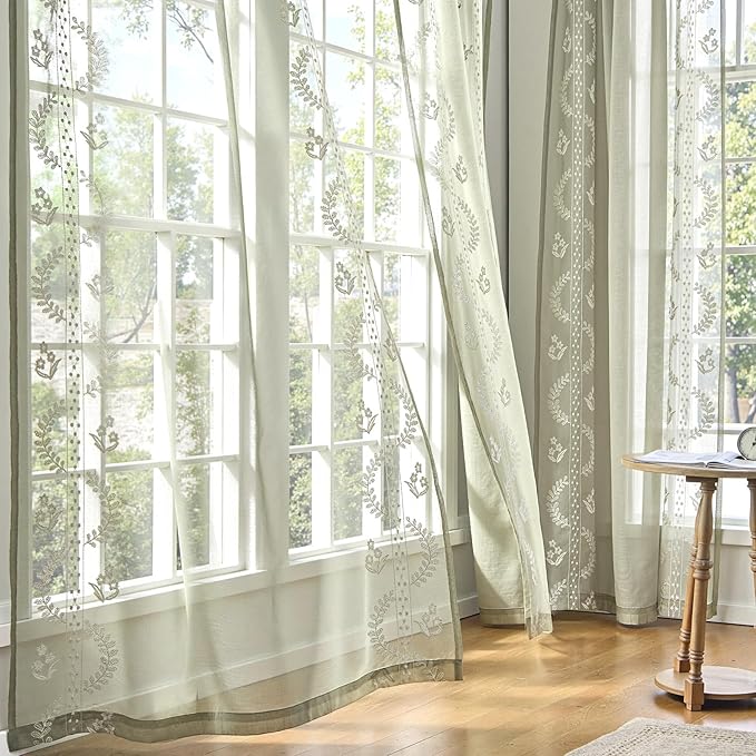 jinchan Belrose Sage Green Floral Sheer Curtains for Living Room 84 Inch Long Voile Embroidered Farmhouse Curtains for Bedroom Ivory Flower Patterned Rod Pocket Window Treatments, 2 Panels Green