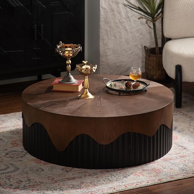 Round Coffee Table, 38.97" Circle Accent End Table, Morden Drum Side Table, Fluted Wooden Center Table for Living Room, Fully Assembled - Walnut and Black