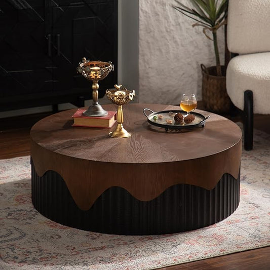Round Coffee Table, 38.97" Circle Accent End Table, Morden Drum Side Table, Fluted Wooden Center Table for Living Room, Fully Assembled - Walnut and Black