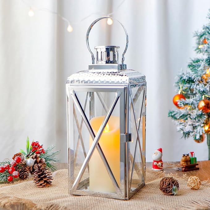 TRIROCKS 14" H Stainless Steel Lantern Square Elegance Metal Candle Lanterns Candle Holder with Tempered Glass for Home Garden Indoor Outdoor Decor Celebratory