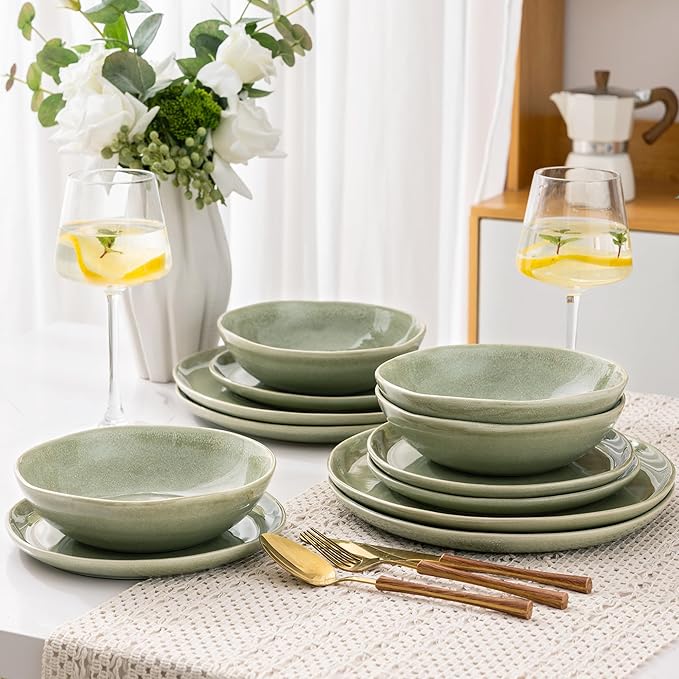 AmorArc Ceramic Dinnerware Sets,Handmade Reactive Glaze Stoneware Plates and Bowls Set,Highly Scratch Resistant | Dishwasher & Microwave Safe,Service for 6 (18pc)
