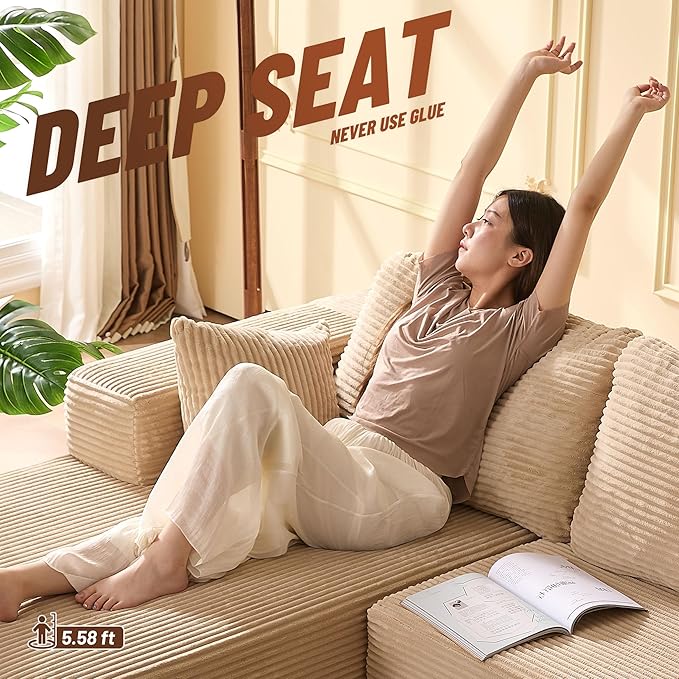 107" Boneless Couch with Deep Seat, Modular Sectional Sofa, Cloud Sectional Couch for Living Room, No Assembly Required, Corduroy, L-Shape Left，Camel