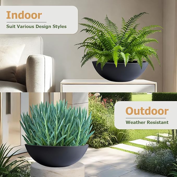 7.7" H x 22" D Round Bowl Fiberstone Planter for Succulent and Lotus, Drainage Hole, Weather Resistant for Indoor and Outdoor Use, Included 2 Extra Coco Mats (Black, 19.9" Pot Opening)