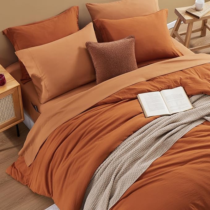 WRENSONGE Twin Comforter Set- 5 Pieces Burnt Orange Bed in a Bag, All Season Twin XL Bedding Sets with 1 Fitted Sheet, 1 Flat Sheet, 1 Pillow Sham and 1 Pillowcase