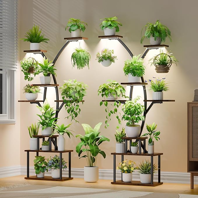 Tall Plant Stand Indoor with Grow Lights, 64" 8 Tiered Meta Plant Shelf, Large Corner Shelves Display Rack Flower Stand Holder for Living room, Patio, 2 Pack