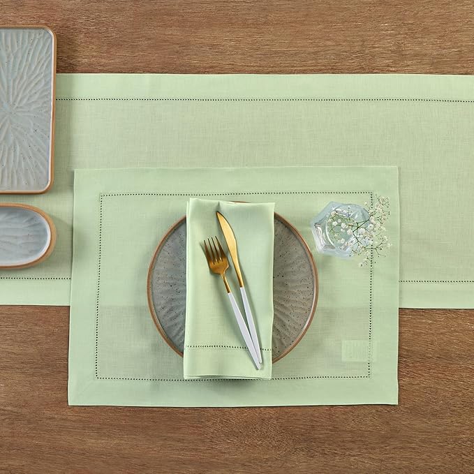 Solino Home Linen Light Green Table Runner 72 Inches Long - 100% Pure Linen Hemstitch Table Runner 14 x 72 Inch for Dresser, Dining - Classic Hemstitch