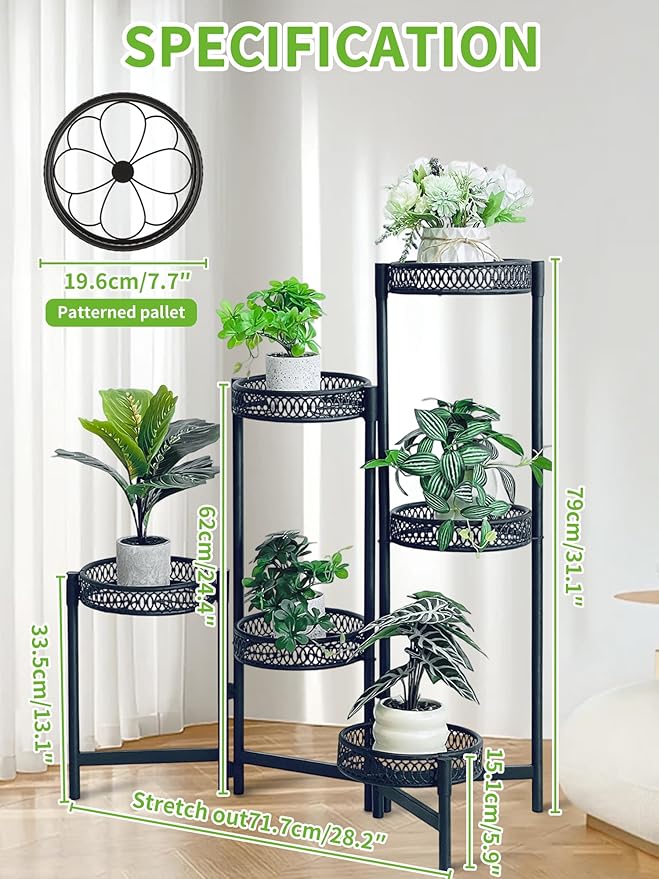 6 Tier Large Plant Stand Indoor with 7.9-Inch Wide Drainage Tray, Tiered Corner Metal Outdoor Flower Display Holder Shelf, Folding Tall Rack for House Patio Porch Balcony Graden - BlackFlower