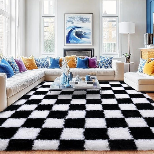Checkered Rug for Living Room 6x9, Ultra Fluffy Fuzzy Shag Black and White Large Area Rug for Bedroom, Modern Plush Soft Upgrade Non-Slip Carpet for Kids Girls and Boys Room Dorm Home Decor
