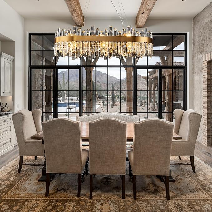 Rectangle Crystal Chandeliers, L35.4 inch 16-Light Brass Gold Chandelier Lighting Fixture, Height Adjustable Rectangular Oval Light for Dining Room Kitchen Island