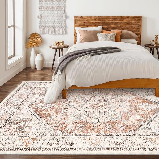 LIVEBOX 8x10 Area Rug for Living Room, Washable Orange Boho Rug, Soft Non-Slip, Low-Pile Vintage Medallion, Retro Faux Wool for Dining Room, Bedroom, Office