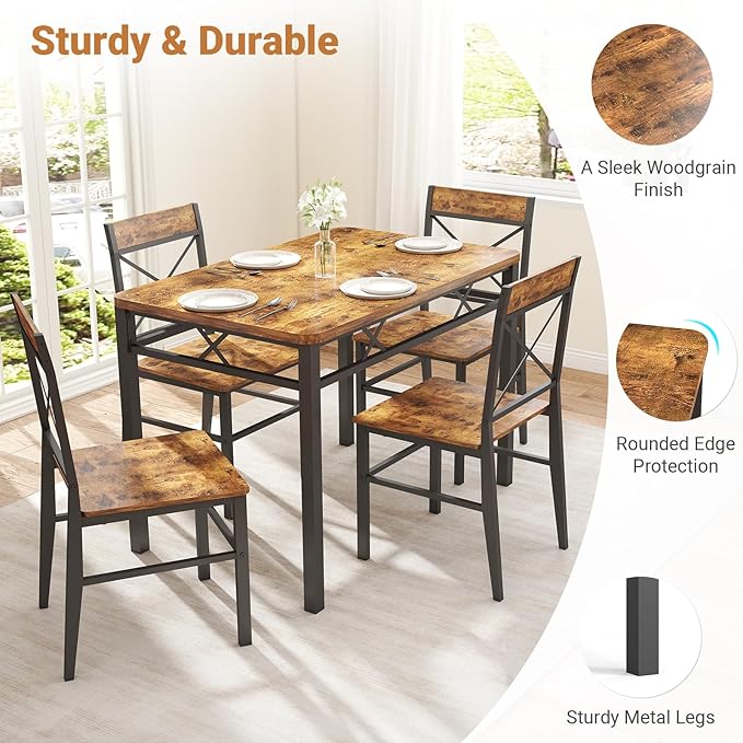 Dining Table Set for 4, 5-Piece Dining Table Set, Kitchen Table Chairs Set of 4, Rectangular Kitchen Table Set with 4 Curved Backrest Chairs, for Small Spaces & Apartment-Brown