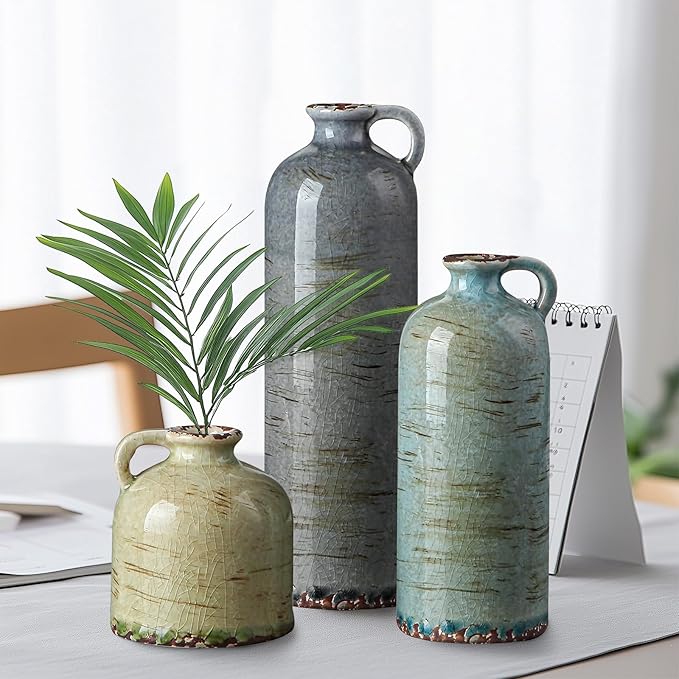 Ceramic Vase Set of 3 – Handcrafted Modern Farmhouse Decorative Vase, Neutral Pottery for Pampas Grass, Flowers, Table Centerpieces, Living Room, Mantel & Shelf Decor – Multicolor