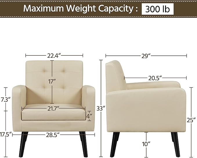 Yaheetech Mid-Century Accent Chairs, PU Leather Modern Upholstered Living Room Chair, Cozy Armchair Button Tufted Back and Wood Legs for Bedroom/Office/Cafe Beige