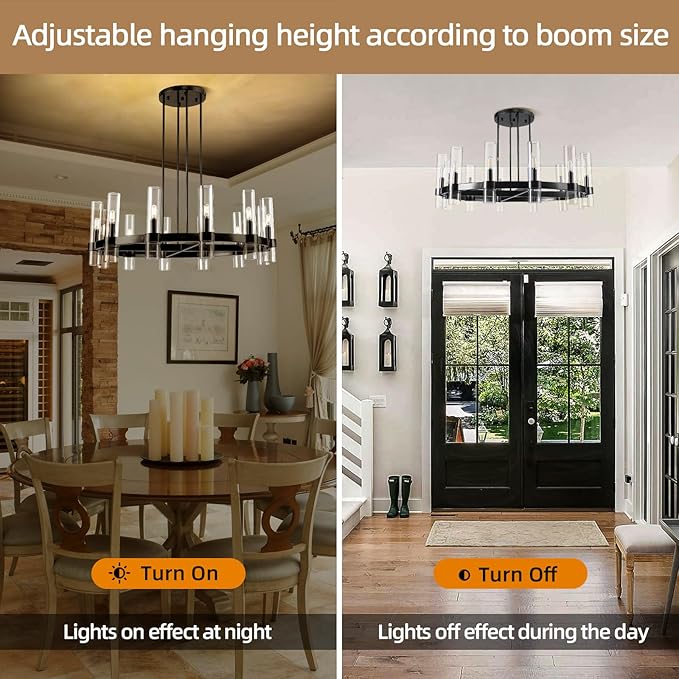 12 Light Black Round Chandelier 36'' Wagon Wheel Chandeliers for Dining Room Light Fixture Clear Glass Tube Chandelier Modern Farmhouse Chandeliers for Living Room Bedroom, Bulb Included