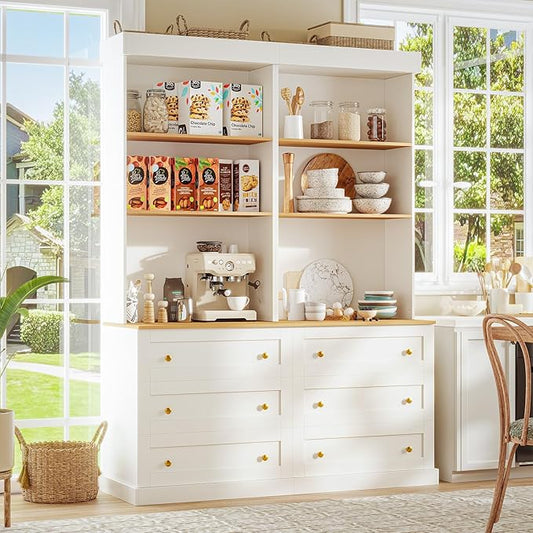 71" Tall Farmhouse Kitchen Pantry, Large Storage Cabinet with Drawers, Freestanding Coffee Bar Hutch with Microwave Stand, Adjustable Shelves for Kitchen, Living Room, White 2 Pcs