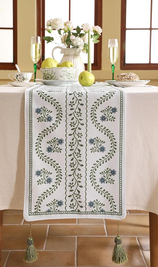 Designer White Elegant Linen Extra Long Table Runner 118 Inches,Chinoiserie Floral Decor Durable Table Runners for Dining Tables,Thanksgiving,Kitchen Tables,Christmas,12"*118"-Mosella D
