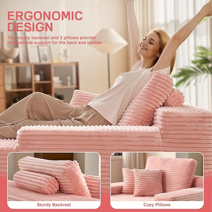 Chaise Lounge Chair Indoor, 67" Oversized Comfy Plush Fur Sleeper Sofa Bed, Boneless Upholstered Recliner Bed with Pillows and Wide Armrests, Modern Cloud Couch for Living Room, Pink