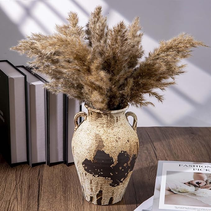 Pottery Vase - Vintage Rustic vase, 10" White Farmhouse Weathered Terracotta Vases, Handmade Clay Vase with Two Handles, Tall Textured Antique vases for Home Decor, Entryway, Fireplace Mantel Deco