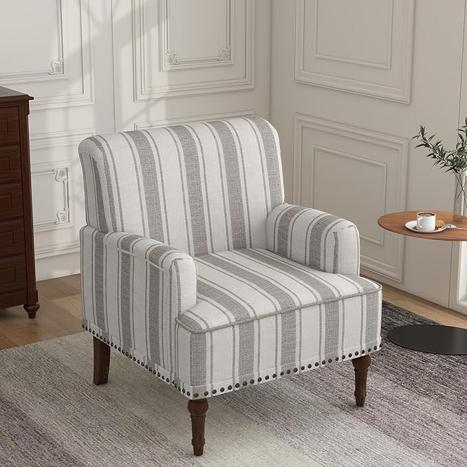 Lumibee Modern Accent Chair with Arms,Mid Century Stripe Armchair for Living Room,Comfy Linen Fabric Single Sofa for Apartment Bedroom,Comfortable Cushioned Seat for Reading Home Office-Brown Stripe