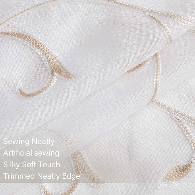 VISIONTEX White Sheer Voile Curtains, Decorative Beige Leaves Embroidery Faux Linen Rod Pocket Window Drapes for Home Kitchen, Living Room and Bedroom 54 x 63 Inch, Set of 2 Curtain Panels