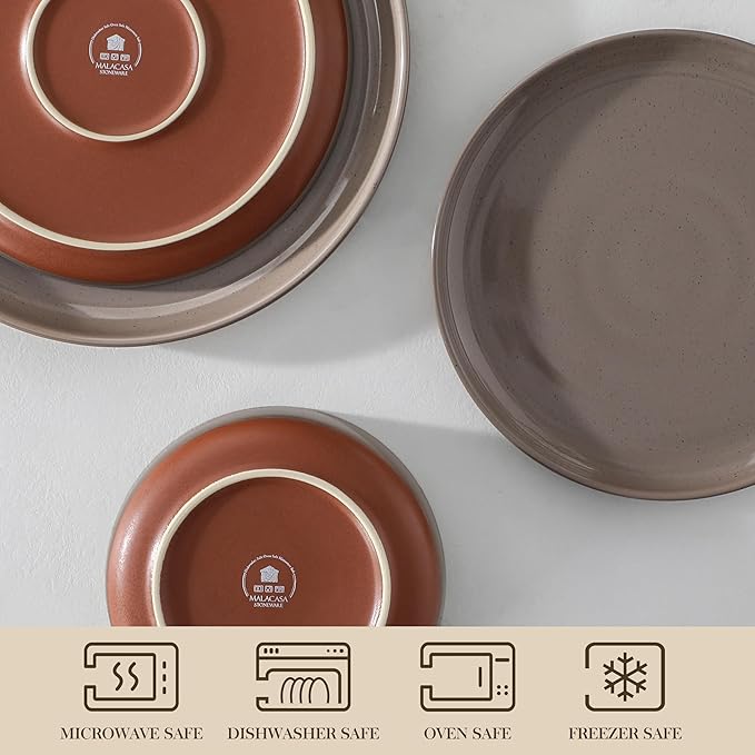 MALACASA Plates and Bowls Sets, 12 Pieces Modern Stoneware Dinnerware Set for 4 Kitchen Dinner Set Ceramic Dishware Dishes Set Microwave and Dishwasher Safe, Brown, Series TARA