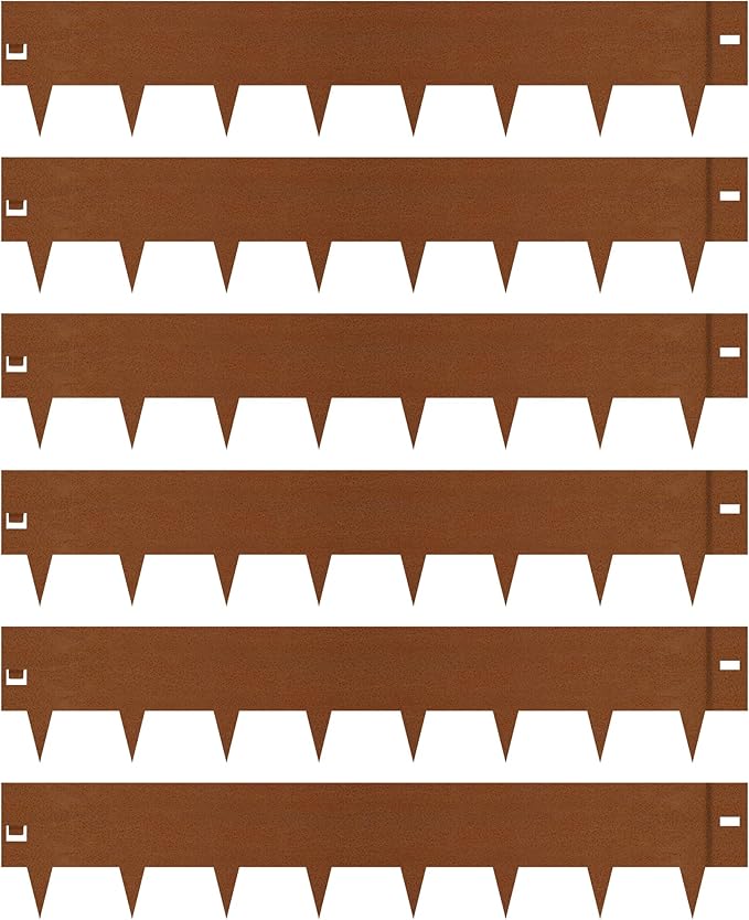 Worth Garden 6-Pack 8" H. Corten Steel Landscape Lawn Edging (20Ft Total) - Rust Patina Finish 18-Gauge Bendable Metal Strips - Hammer-in Edging Border - Buckle Connection - Yard Pathway Divider