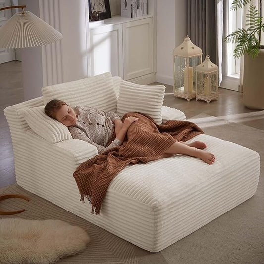 GNIXUU Oversized Chaise Lounge Chair Indoor, Comfy Corduroy Boneless Couch Reading Chair with 3 Pillows, Plush Memory Foam Sleeper Chair Lounge Sofa Bed for Living Room, Beige, No Assembly Required