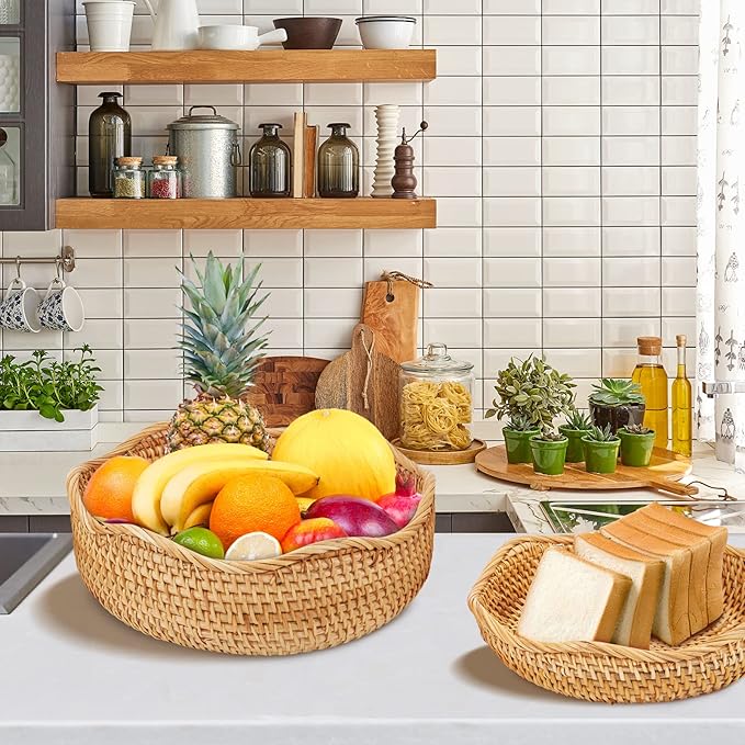 Natural Rattan Round Fruit Basket Bowls, Hand Woven Decor Serving Baskets, Wicker Storage for Dinning Room (Wave-Combo)