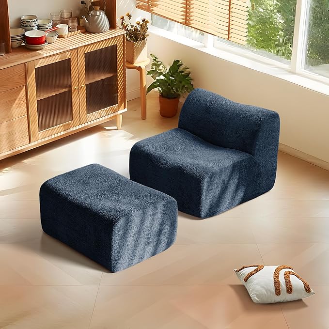 Lazy Sofa Chair, Modern Comfy Raindrop Velvet Fabric Deep Seat Armless Lounge Chair Movable Ottoman Set, 1-Seater Modular Sectional Sleeper Couch for Living Room, Bedroom, Office, Salon, Blue