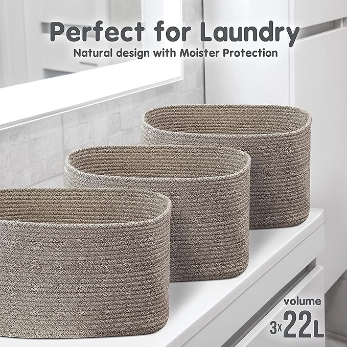 CHAT BLANC Cotton Rope Baskets for Organizing | Storage Baskets for Shelves | Rope Basket for Storage, Small Laundry Baskets, Woven Baskets for Storage, Dog Toy Bin, Baby Basket, Brown 3 Pack