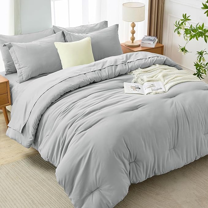 MUXHOMO 7 Pieces Queen Comforter Set, Soft Bed in a Bag Queen Size, All Season Bedding Set with Comforter, Flat Sheet, Fitted Sheet, Pillowcases & Shams, Light Grey