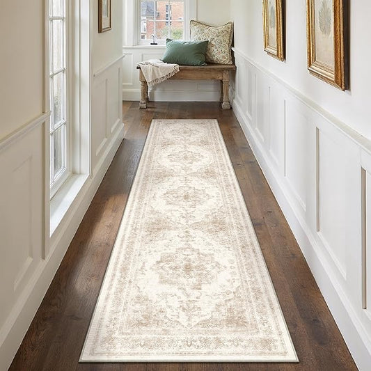 Runner Rug 3x12 Cream Hallway Washable Beige Carpet Non Slip Vintage Medallion Beige Carpet Low Pile Soft Distressed Retro Indoor Long Rug for Entryway Kitchen Bathroom Laundry Bedroom