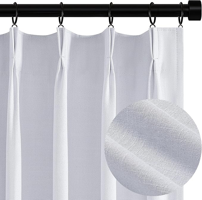Topfinel White 102 Inches Long Custom Blackout Linen Curtains, Pinch Pleated Noise Cancelling Curtains with Pin Hooks for Traverse Rods, Viral Drapes 2 Panels for Living Room Master Bedroom