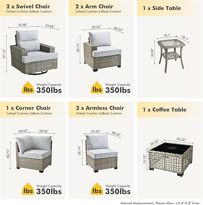 HOOOWOOO Outdoor Sectional Patio Furniture Set,9 Pieces Wicker Conversation Sets L Shaped Couch,Extra Deep Out Door Sofa Outside Furniture with Swivel Chairs,Light Gray