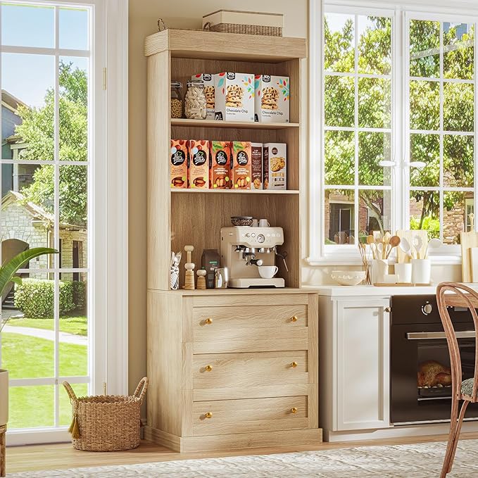 Vyre 71" Farmhouse Kitchen Pantry Cabinet Set of 3, Brown Freestanding Coffee Bar Hutch with Drawers & Adjustable Shelves, Large Storage Cabinet with Microwave Stand for Living Room & Kitchen