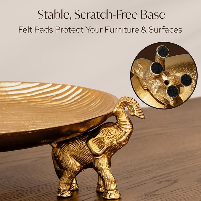 Round Decorative Tray with Elephant Stands, Golden – Tray for Coffee Table, Home Decor, Centerpiece, Serving Platter & More – Circular Tray with Symbolic Elephants