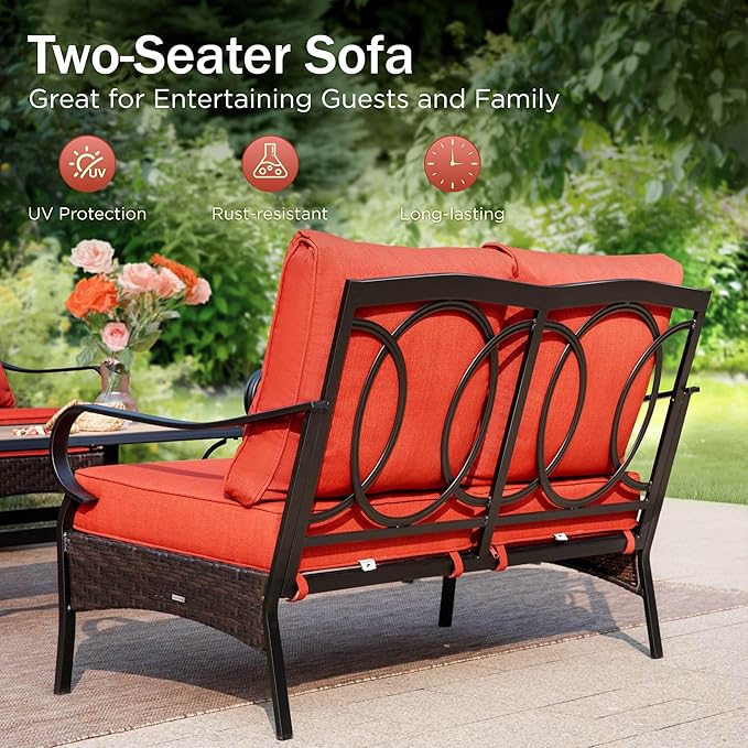 PHI VILLA Outdoor Porch Furniture Set, Upgraded Wicker&Metal Deep Seating Patio Furniture Conversation Set with Waterproof Thick Cushions for Balcony, Deck, and Yard (4 Pieces,Red)