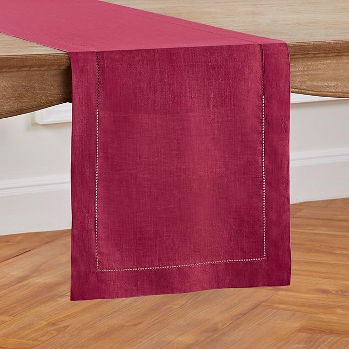 Solino Home Linen Table Runner 60 Inches - 100% Pure Linen Beet Hemstitch Table Runner 14 x 60 Inch Ideal for Dresser and Coffee Tables - Fall, Thanksgiving, Christmas, Holiday - Classic Hemstitch