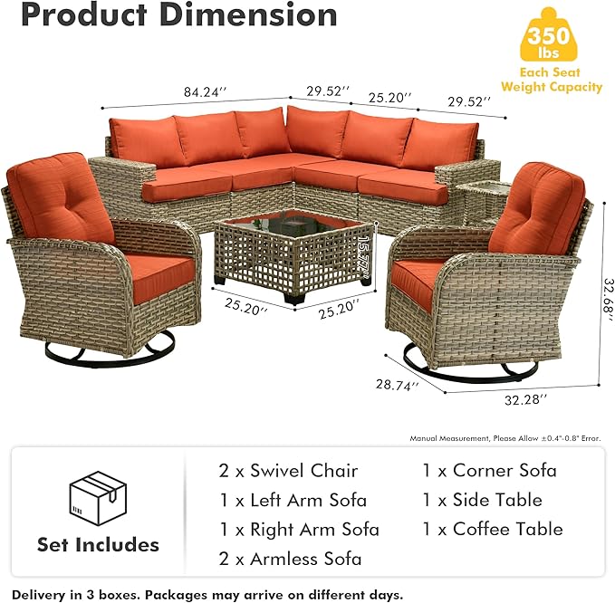HOOOWOOO Outdoor Sectional Patio Furniture Set,9 Pieces Wicker Conversation Sets L Shaped Couch,Extra Deep Out Door Sofa Outside Furniture with Rocking Chairs,Brick Red