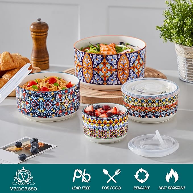 vancasso Mixing Bowls with Lids Set of 4, Ceramic Nesting Bowls Serving Bowl for Food Storage, Microwave and Dishwasher Safe, 60/36/20/10 OZ, Series SIMI