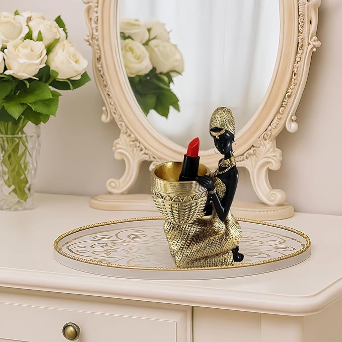 African Resin Woman Statue with Bowl – Golden Kneeling Tribal Figurine for Home Decor, Candy Dish, Jewelry Holder, Boho Shelf Accent