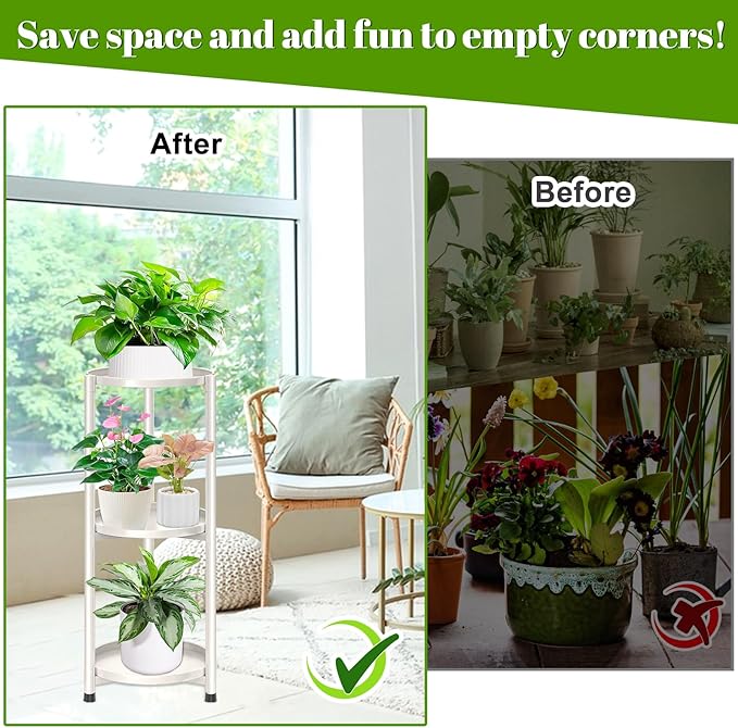 3 Tier Metal Plant Stand Indoor, Corner Tiered Round Plant Stand for Indoor Multiple Plants, Flower Pot Stands Outdoor Holders Plant Shelf Display Rack for Balcony Living Room(Cream White)