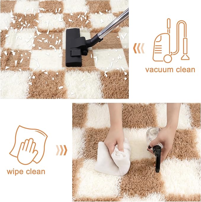 Checkered Rug for Living Room 6x9, Ultra Fluffy Fuzzy Shag Large Area Rug for Bedroom, Modern Plush Soft Upgrade Non-Slip Carpet for Kids Girls and Boys Room Dorm Home Decor, Cream and Camel