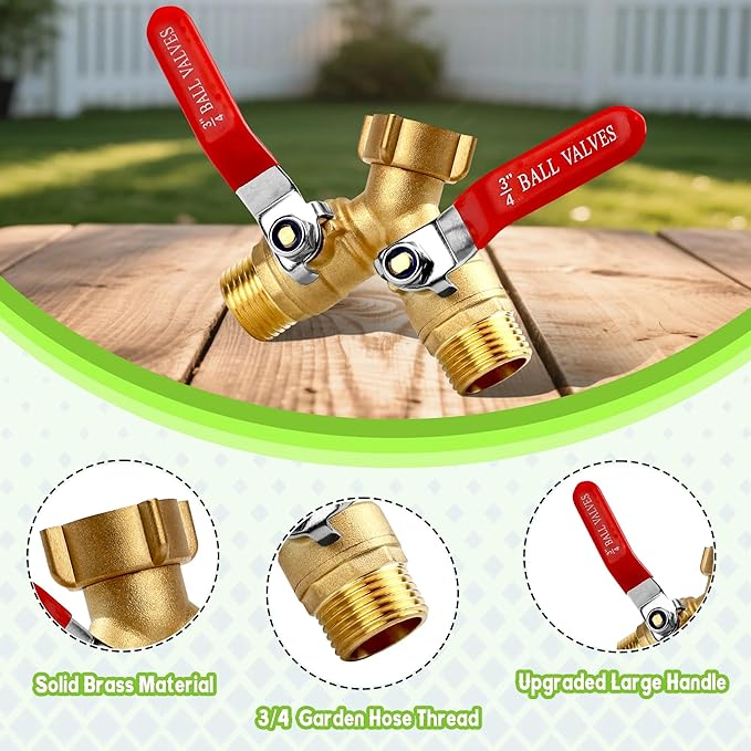 Garden Hose Splitter 2-Way, Heavy-Duty Brass Hose Splitter with Stainless Steel Long Handle, 3/4-inch GHT Thread Garden Hose Y-Splitter 2-Way, Includes 2 Extra Washers and 1 Roll of Tape