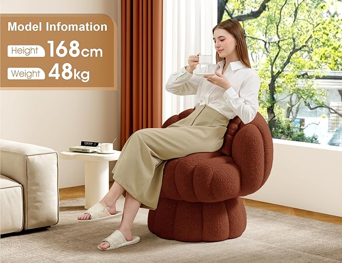Mid Century Modern 360 Degree Barrel Swivel Accent Vanity Chair,Fluffy Sherpa Fabric Lounge Wide Upholstered Pumpkin Reading Chair, Round Cloud Armchair for Living Room,Bedroom,Vanity(Burnt Orange)