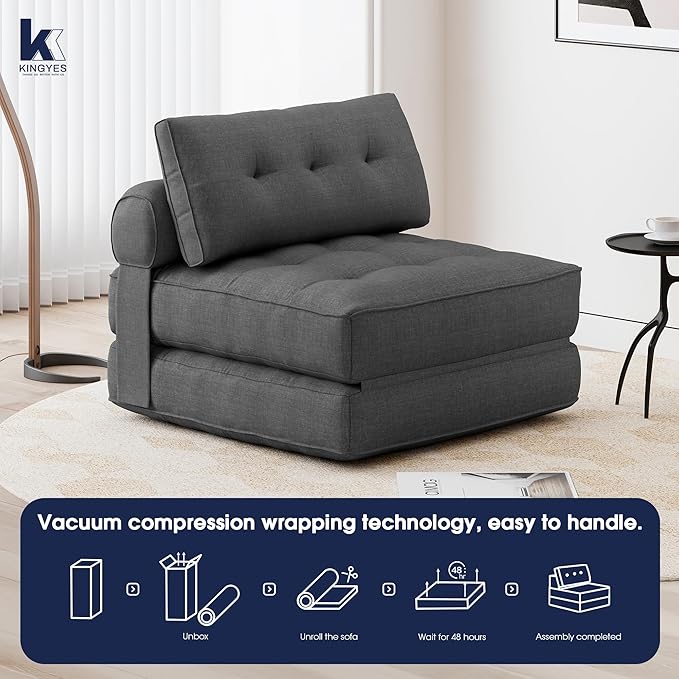 KINGYES Folding Sofa Bed, Convertible Sleeper Chair with Pillow, Foldable Single Futon Chair Floor Sofa Lounge for Living Room, Grey