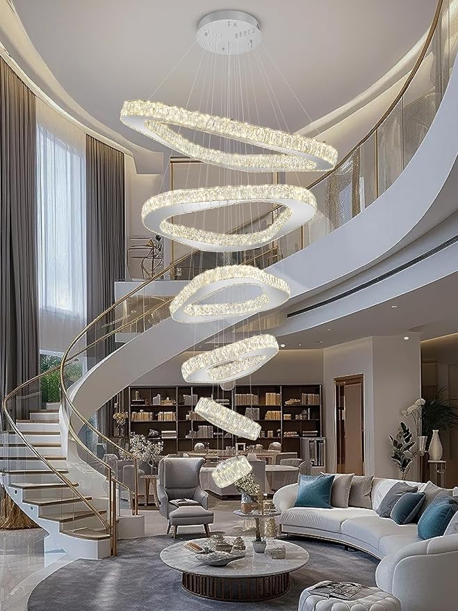 Modern Crystal Chandeliers for High Ceiling 6 Ring Chandelier LED Silver Ceiling Lights Fixtures High Ceiling Chandelier for Foyer Staircase Living Room Dining Room 2700K-6000K