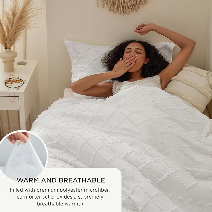 Bedsure Twin XL Comforter Set - White Comforter, Boho Tufted Shabby Chic Bedding for Kids, 2 Pieces Vintage Farmhouse Bed Set for All Seasons, Fluffy Soft Bedding with 1 Pillow Sham