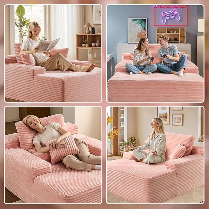 Chaise Lounge Chair Indoor, 67" Oversized Comfy Plush Fur Sleeper Sofa Bed, Boneless Upholstered Recliner Bed with Pillows and Wide Armrests, Modern Cloud Couch for Living Room, Pink