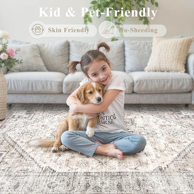 LIVEBOX Washable Area Rug 8x10 - Large Taupe Vintage Tribal Living Room Rug Oriental for Bedroom, Non-Slip Retro Medallion Carpet Print Distressed for Dining Room Guest Office